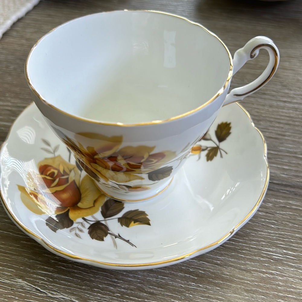 Regency Bone China cup and saucer with gold and brown roses. Excellent condition